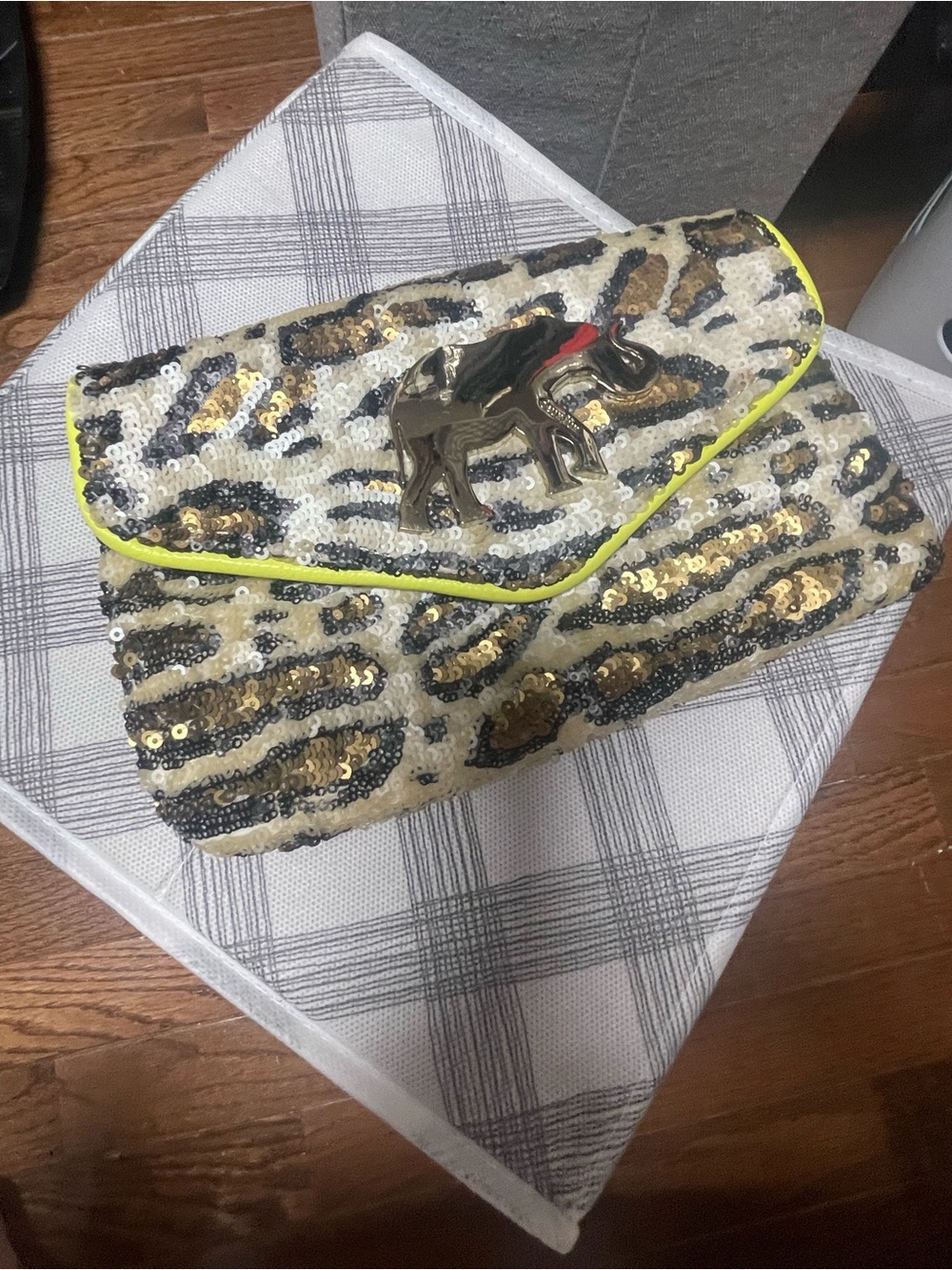 Sequined Animal-Print Clutch with Elephant Accent - White/Gold/Black